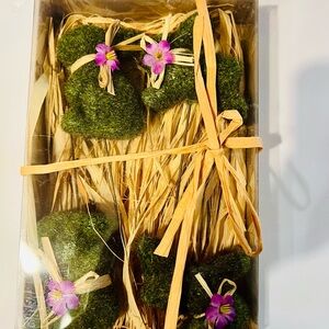 4 Green Moss Bunny Rabbit Picks Spring Easter Decor Raffia Ribbon Purple Flower